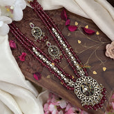 Premium 3 Layer Victorian Diamond Peacock Pendant Haram-Maroon Bead-VV1787